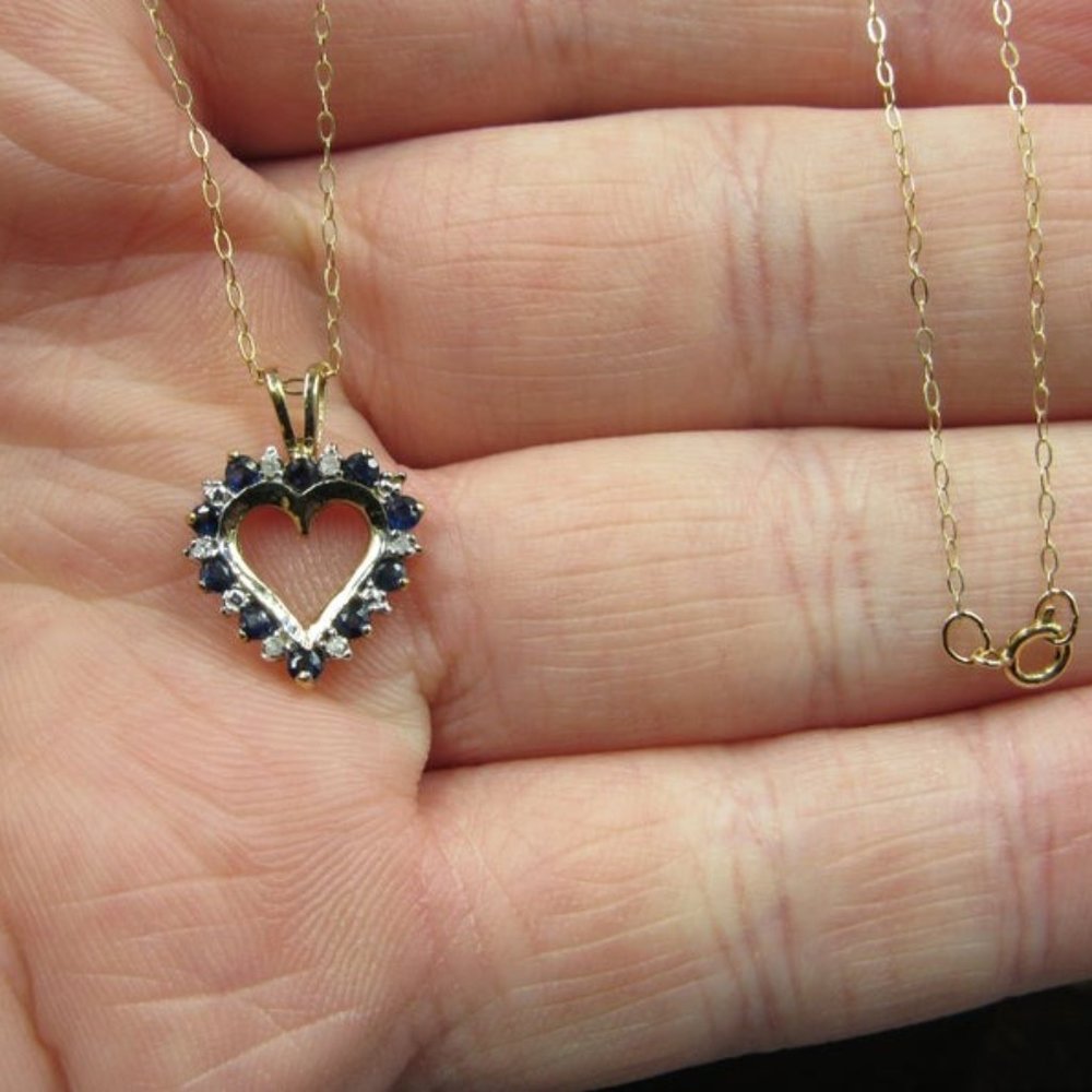 18" 10K Gold Heart Blue Topaz & Diamond Necklace - Picture 2 of 6